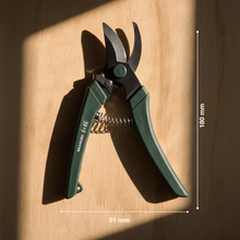 Load image into Gallery viewer, Green garden pruners on a wooden surface with measurements indicated