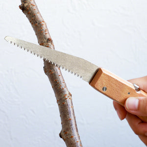Hand holding the folding saw about to cut a tree branch