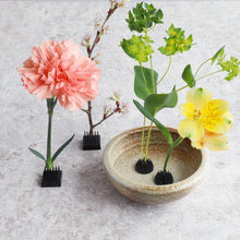Load image into Gallery viewer, Mini black kenzan with flowers and an Ikebana bowl
