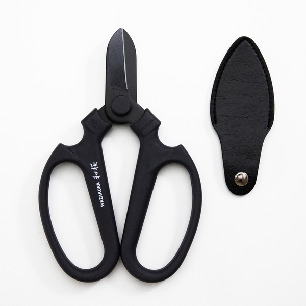 Black blade floral scissors and leather blade cover 