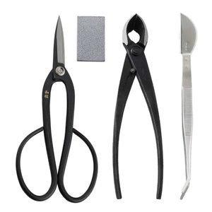 4PCS Japanese Bonsai Essential Kit [ Yasugi Steel Ashinaga Scissors + Concave Cutter + Tweezers + Sap Eraser ]