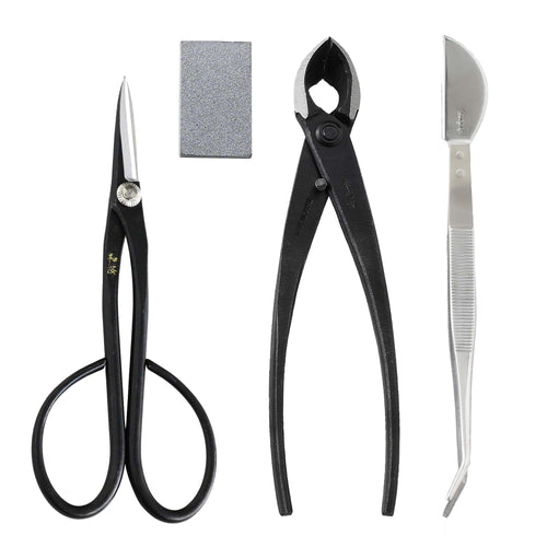 4PCS Japanese Bonsai Essential Kit [ Yasugi Steel Satsuki Scissors + Concave Cutter + Tweezers + Sap Eraser ] - Wazakura Japan