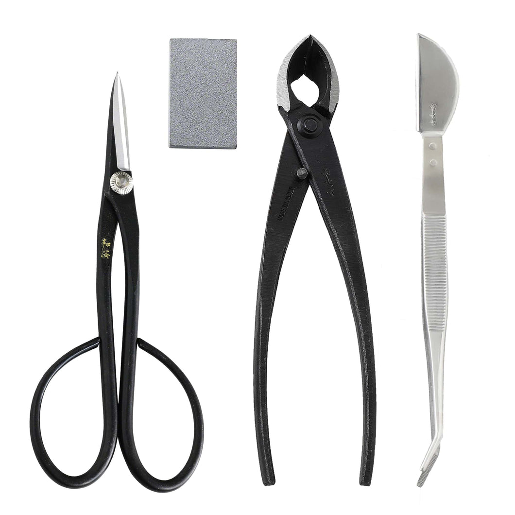 4PCS Japanese Bonsai Essential Kit [ Yasugi Steel Satsuki Scissors + Concave Cutter + Tweezers + Sap Eraser ]