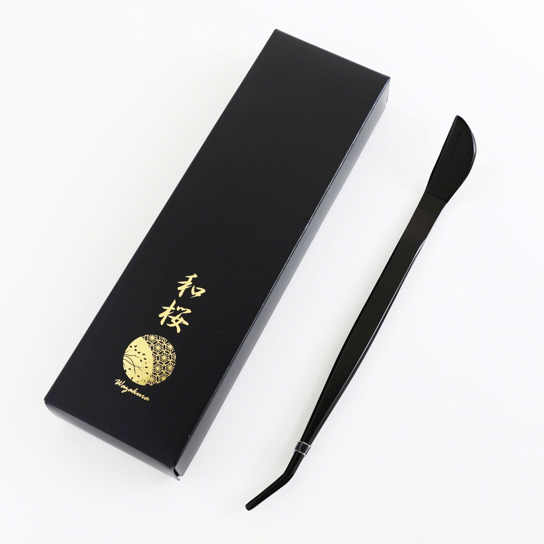 Black Coated Bonsai Curved Tip Tweezer with Spatula 8.6