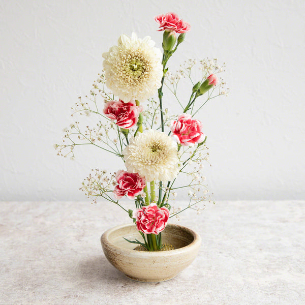 2PCS Japanese Ikebana Essential Tool Set [ Brass Kenzan + Sand Beige Vase ] - Wazakura Japan