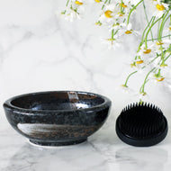 2PCS Japanese Ikebana Essential Tool Set [ Brass Kenzan + Black with Brown White Brush Vase ] - Wazakura Japan