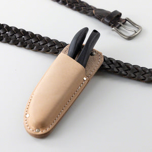 Leather Holster Belt Loop with pruning shears placed inside place on a leather belt