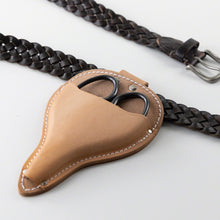 Load image into Gallery viewer, Leather holster with Bonsai scissors inside on a leather belt
