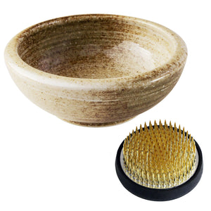 2PCS Japanese Ikebana Essential Tool Set [ Brass Kenzan + Sand Beige Vase ]