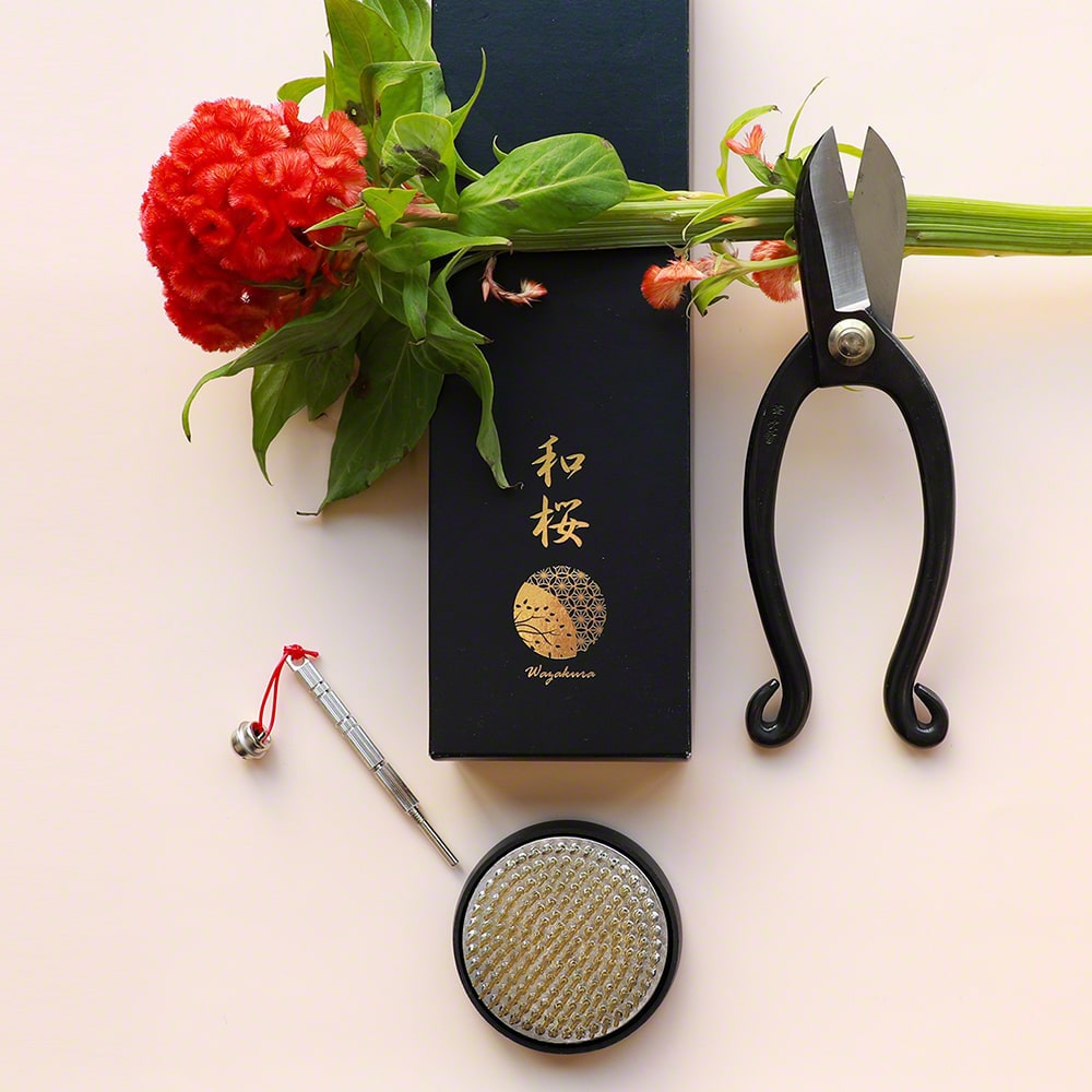 Ikebono Scissors with Round Brass Kenzan and needle Care tool